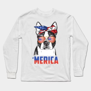 Boston Terrier Merica Bandana USA Flag 4th Of July Long Sleeve T-Shirt